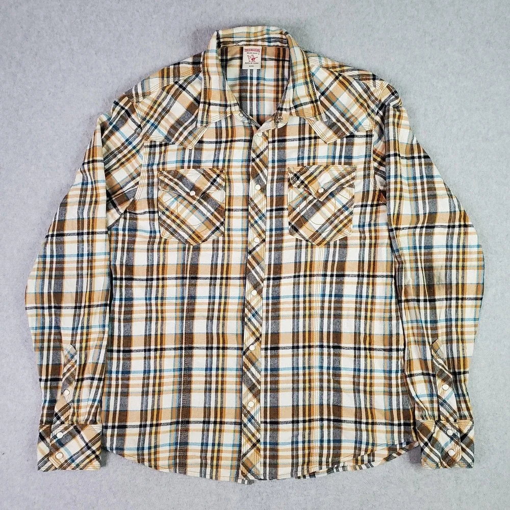 True Religion Shirt Tag Size XXXL Fits 2XL Brown Blue Plaid Pearl Snap Flannel